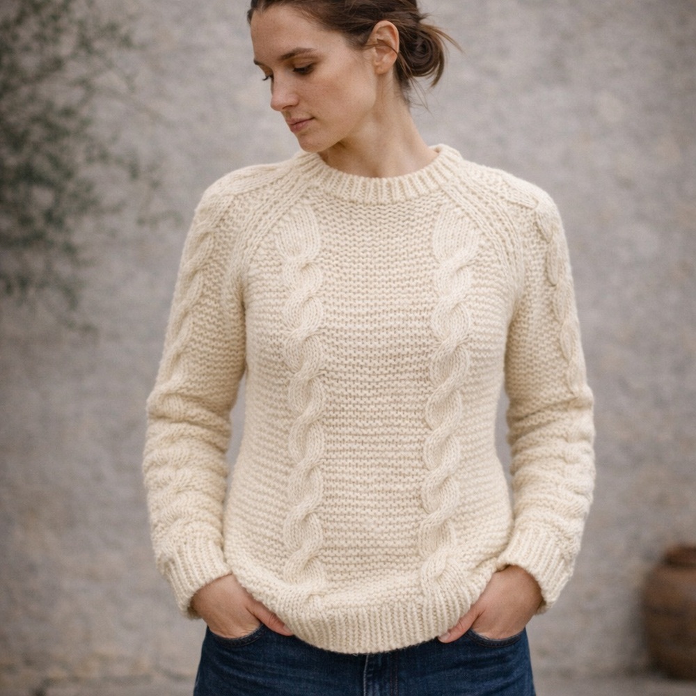 Vintage Greek Hand Knit Aran Wool Fisherman Cable Sweater Cream Small